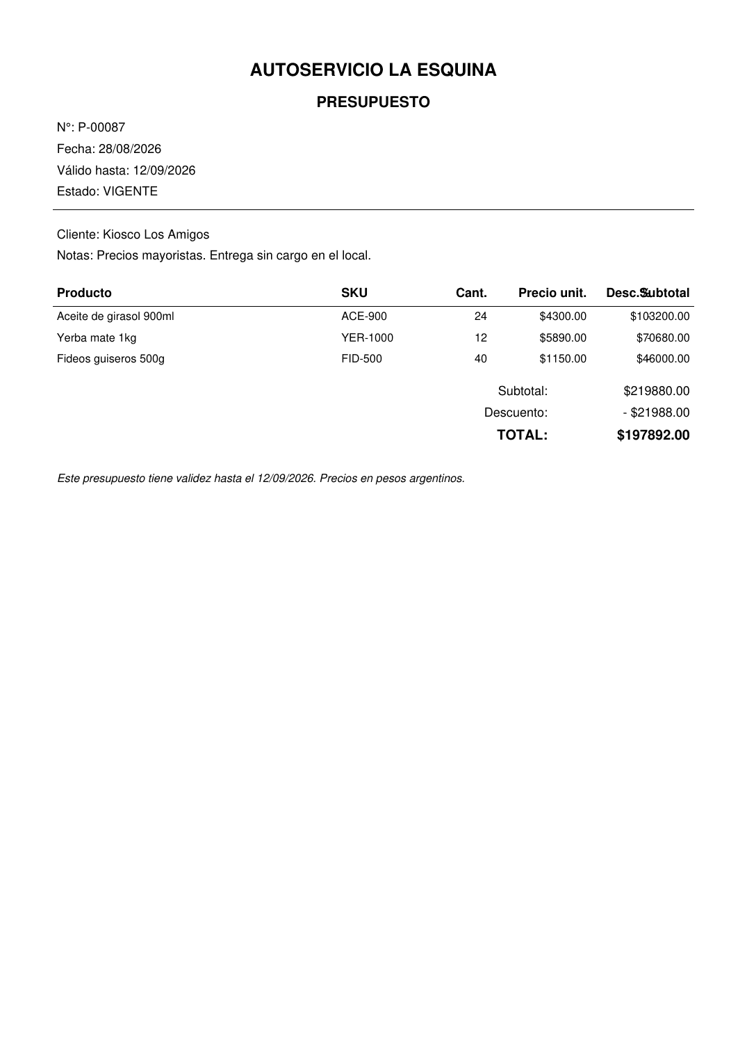 Presupuesto en PDF con descuento y fecha de validez
