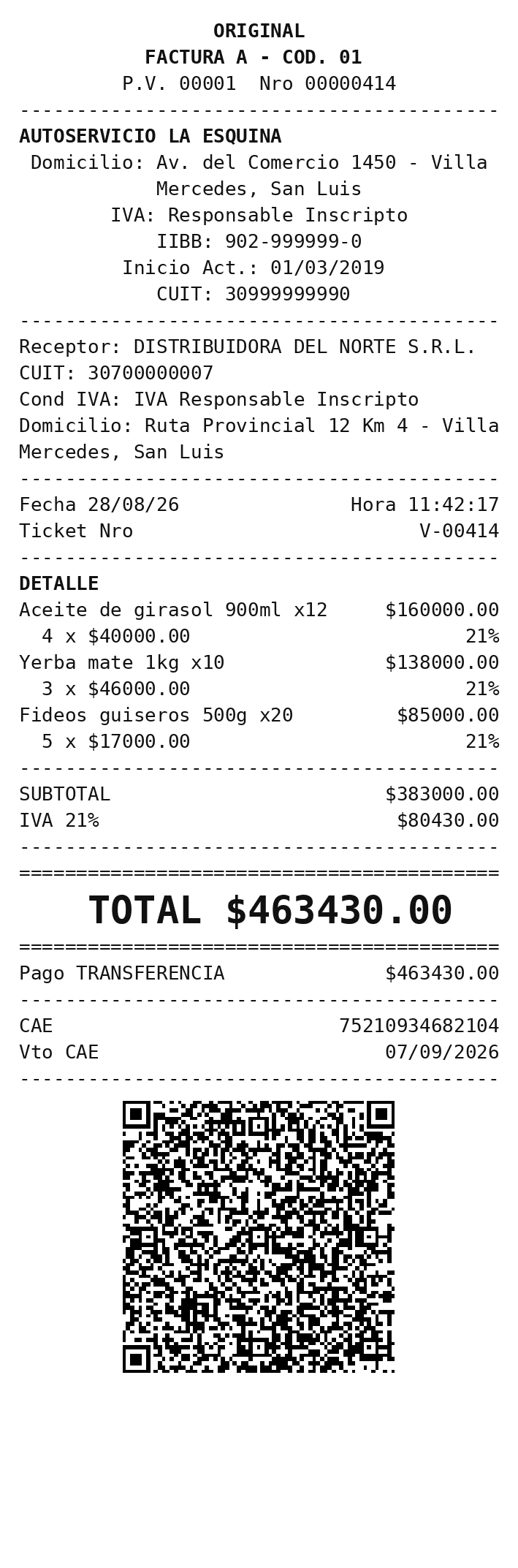 Ticket de Factura A con el IVA discriminado y los datos del cliente