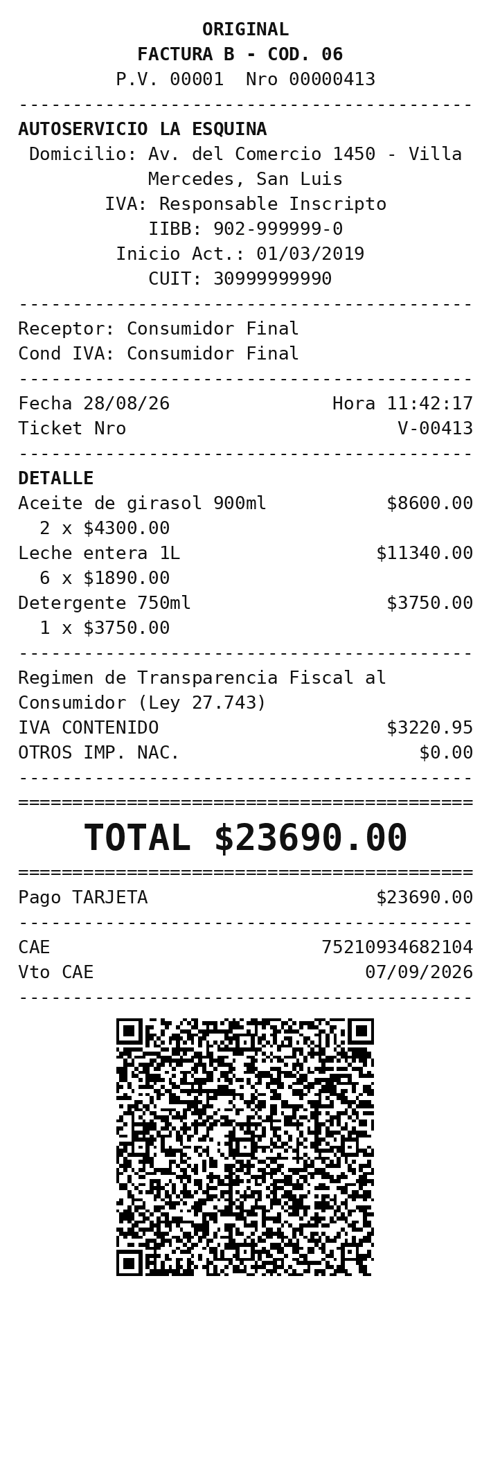 Ticket de Factura B con el bloque de transparencia fiscal