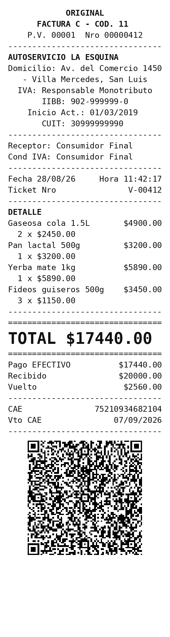 Ticket térmico de Factura C con CAE y código QR de ARCA