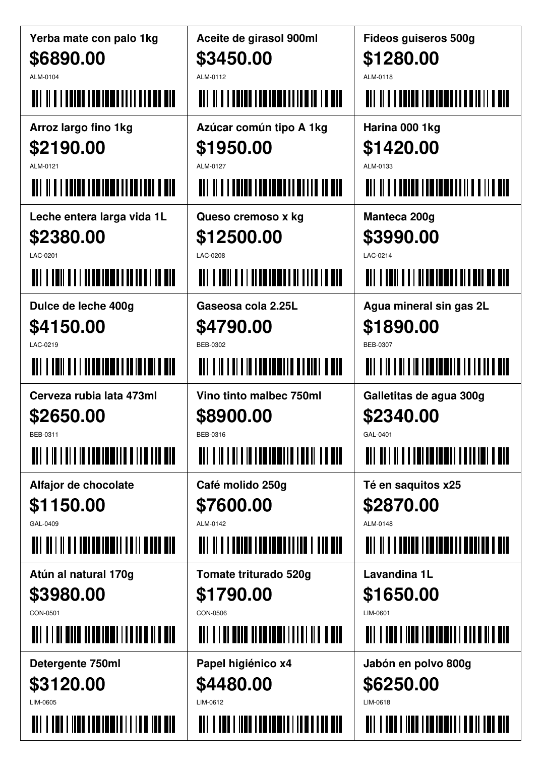 Hoja A4 con 24 etiquetas de precio, cada una con nombre, precio, código y código de barras